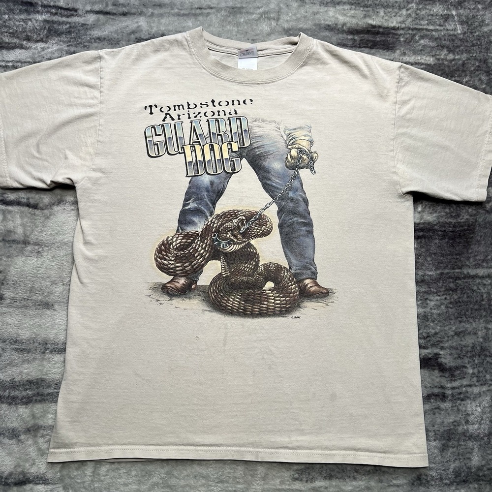 Vintage Y2K Arizona Guard Dog Rattlesnake Beige Suttons T-shirt Size Mens Large